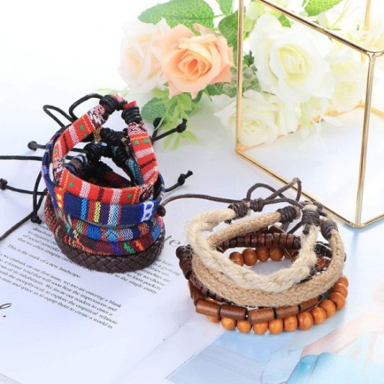 24pcs Men Women Linen Hemp Cords Wood Beads Ethnic Tribal Bracelets Leather Wristbands Friendship Bracelet For Men Women